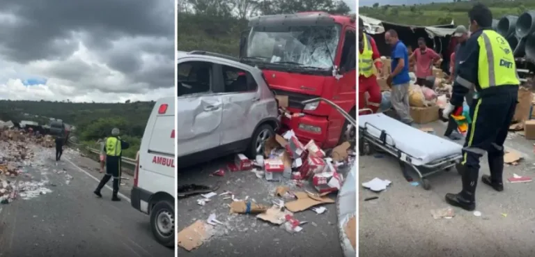Carreta desgovernada provoca acidente na BR-116, trecho entre Irajuba e Brejões atingindo vários veículos