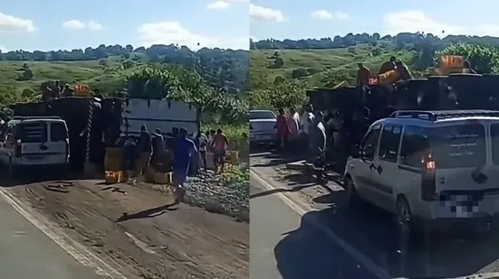 Caminhão carregado de cerveja tomba na BR-101 e carga é saqueada na Bahia