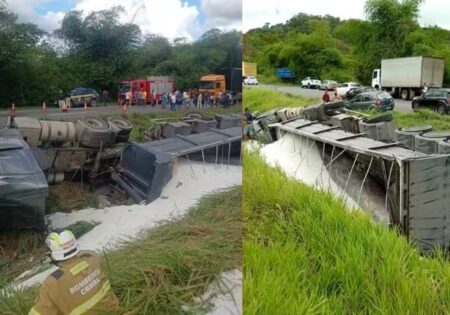 Motorista morre após carreta tombar em rodovia de São Sebastião do Passé