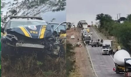 Colisão entre viatura da PRF e carreta causa engarrafamento na BR-116