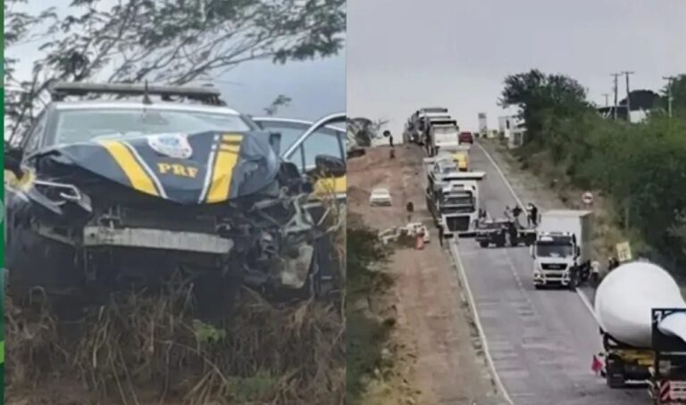 Colisão entre viatura da PRF e carreta causa engarrafamento na BR-116